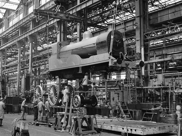 July 1968 (probably): Freshly overhauled with painted boiler and cab being lowered on to the wheels. (J.I. Wilson)