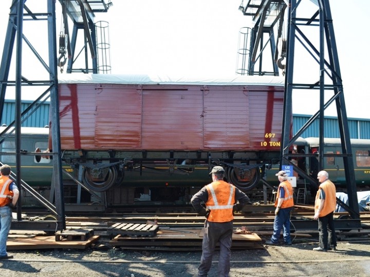 21/5/2012: 697 is re-railed at Whitehead following overhaul.