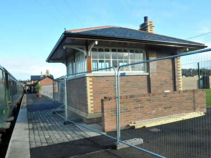 28/3/2016: The signal box, showing the cobbled platform using recycled NCC tiles recovered from the long-closed Magherafelt station. (C.P. Friel)