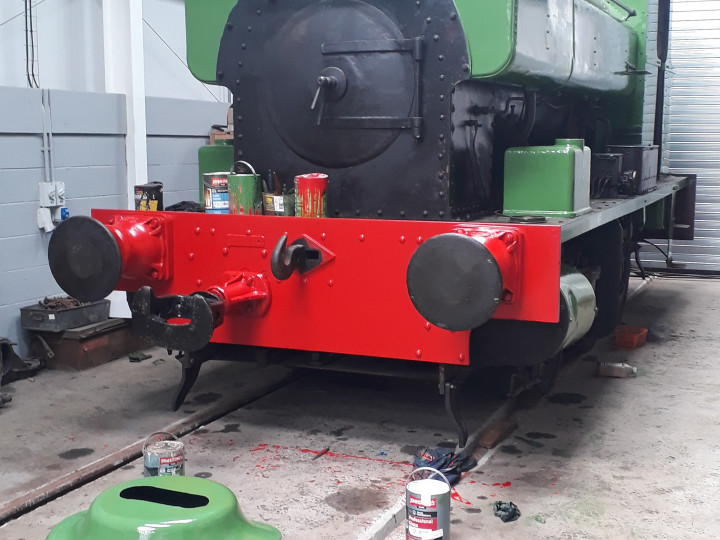 No.3 skulks at the back of the Carriage Shed with a new livery half applied, 13/7/2019.