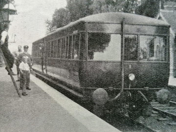 1933: The railcar on the Up road at Kilroot, with the signal off for Belfast. A number of early railcar services turned back here. The station is long closed and the area dominated by Kilroot power station. (W. Robb, Railway Magazine October 1933)