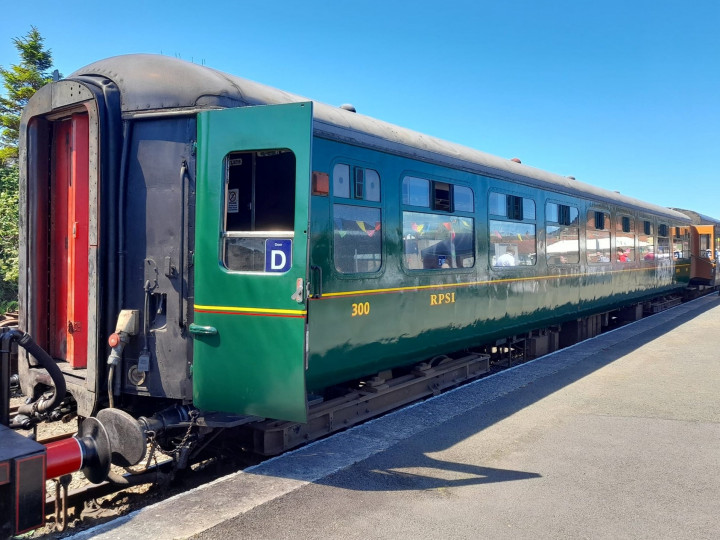 4/6/2022: 300, following a repaint, on train rides duty at Whitehead. (M. Wilson)