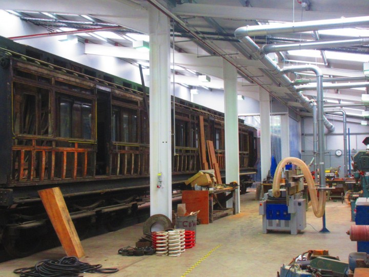 September 2018: 861 under restoration in the new (2017) carriage workshop at Whitehead. (C. Stanley)