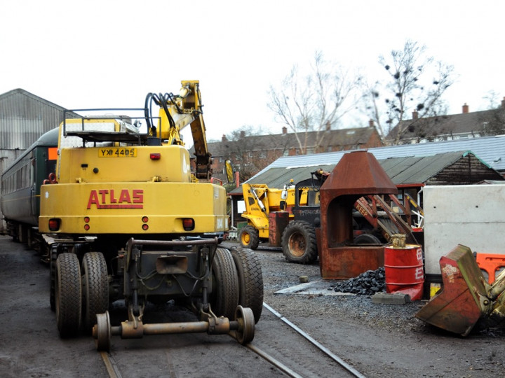 27/1/2015: Four generations (just about) of lifting vehicles at Whitehead - Atlas, JCB Loadall, Muir-Hill loader and JCB. (C.P. Friel)