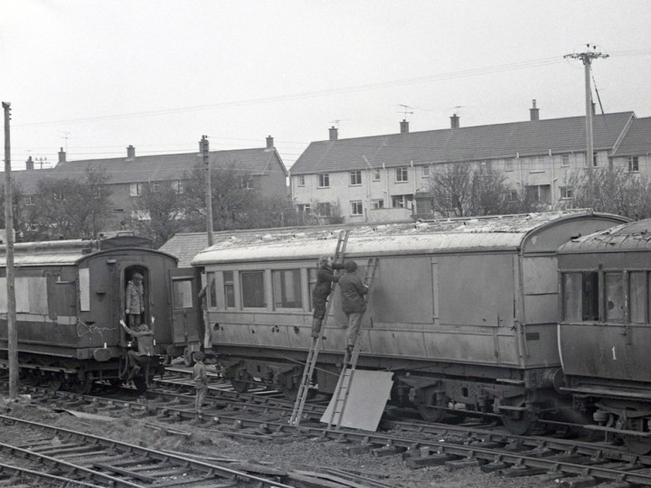 Carriages 861 and 50 at Whitehead, 7/4/1973. NCC Railcar 1 is visible to the right. (C.P.Friel)