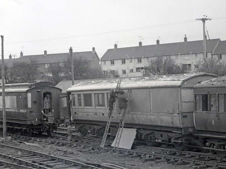 7/4/1973: Carriages 861 and 50 at Whitehead. NCC Railcar 1 is visible to the right. (C.P. Friel)