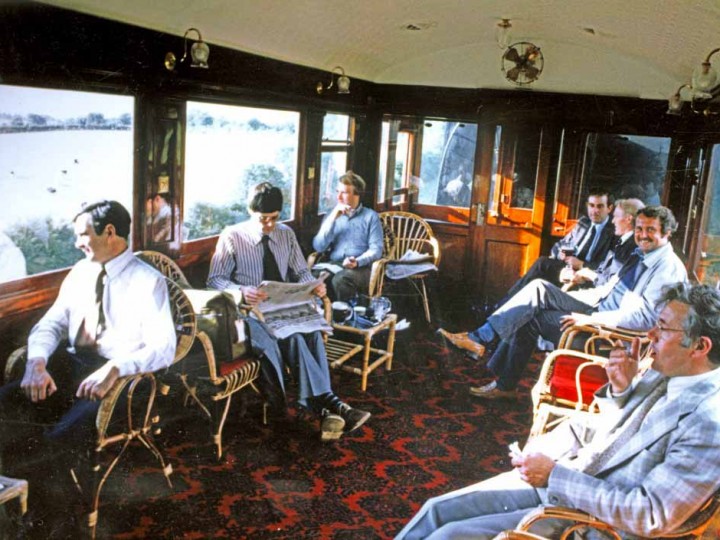 Thought to be an outing on the GNR main line, date unknown, a number of well-known (and thinner) RPSI faces enjoy the comfort of the saloon. (V. Corrie)