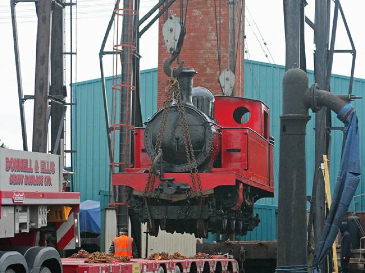 28/1/2019: The gantries are used to load CDR No.4 'Meenglas' for return to the Foyle Valley Museum after a cosmetic overhaul at Whitehead. (J.A. Cassells)