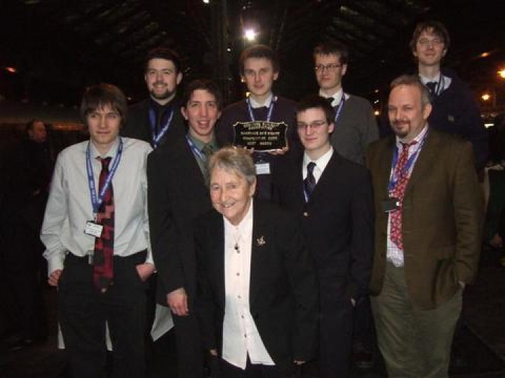 Members of the 'Youth Team' who travelled to York to pick up the HRA 2009 Carriage & Wagon Award for work on GNR(I) brake van No.81 'Ivan'.
Back: Ben McDonald, Michael McCann (holding the plaque), Edward Friel, James Friel
Middle: Adam Lohoff, Mark Walsh, Nathan Lightowler, Mark Kennedy
Front: Dame Margaret Weston (HRA Patron)