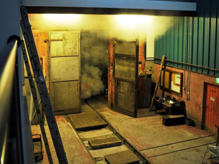 19/11/2017: The inside of the shed at night, with No.131 in steam outside for a test run, (C.P. Friel)